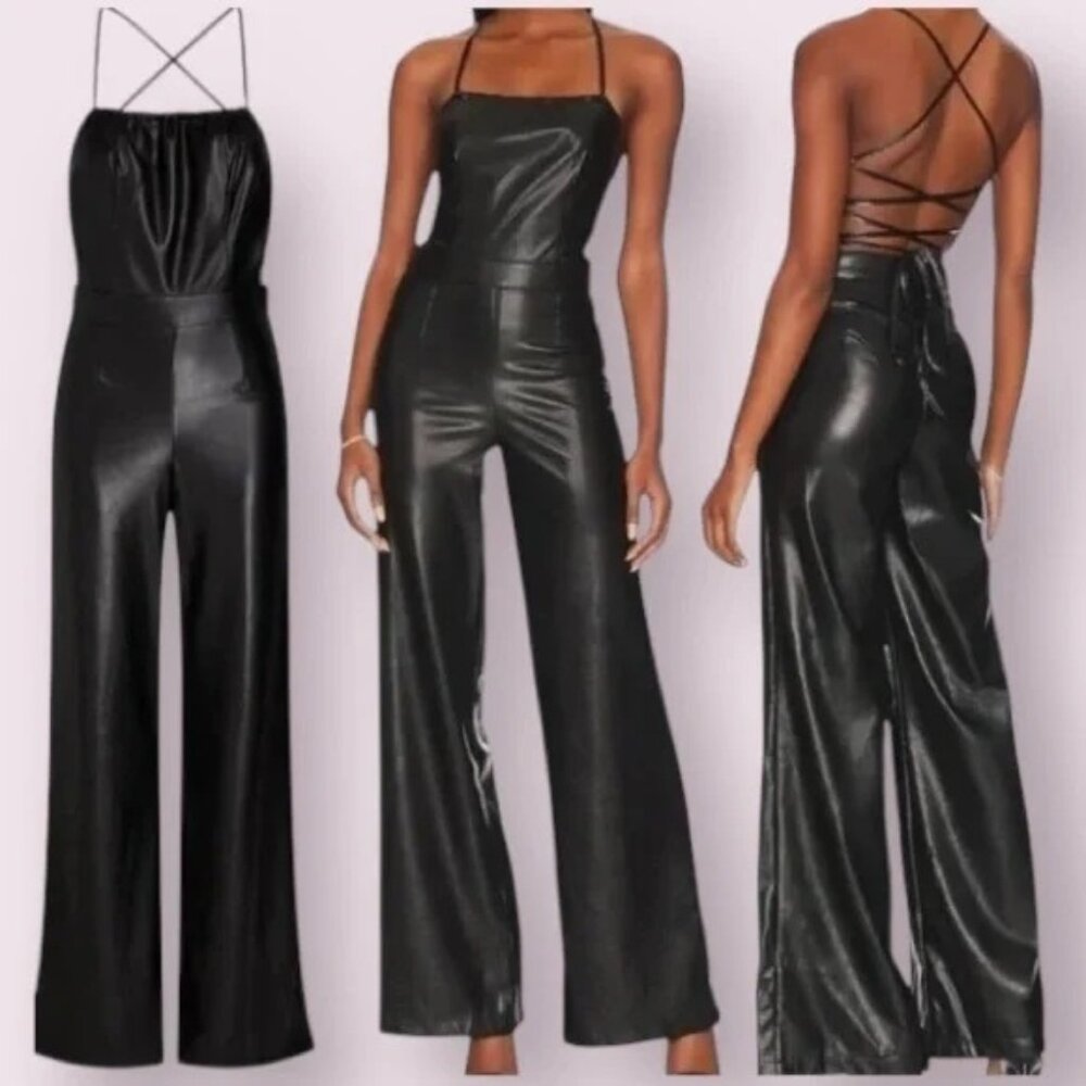 New Good American Faux Buttery Leather Wide Leg Halter Jumpsuit Size Small  RN10